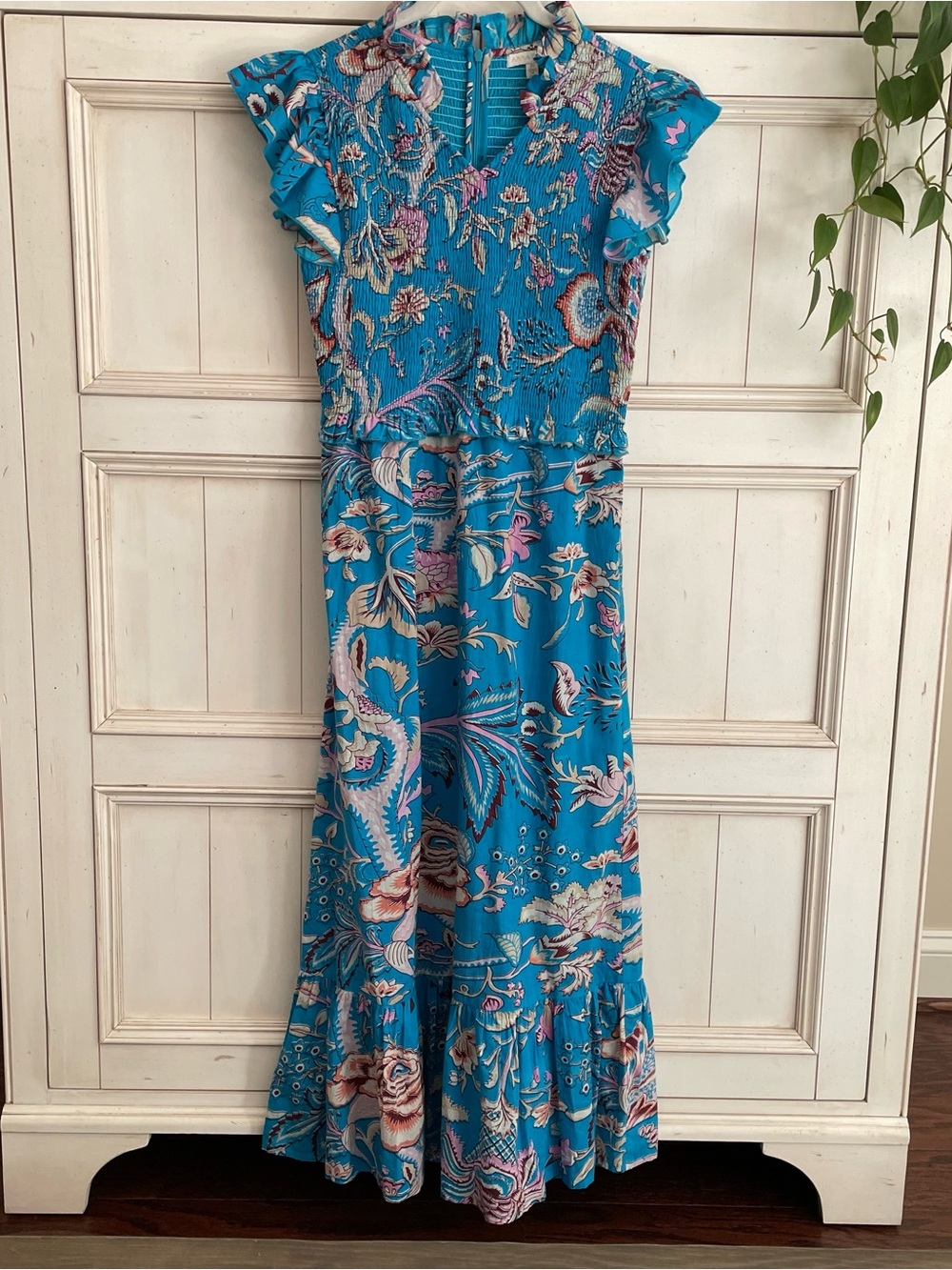 Teal Floral Maxi Dress with Ruffle Sleeves
